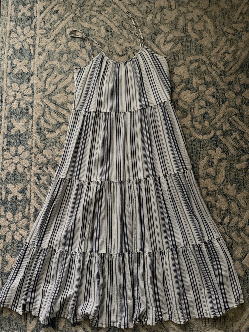Express Navy and White Striped Tiered Maxi Dress